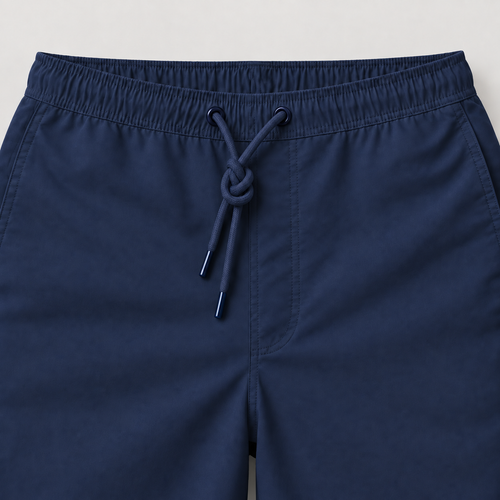 Mallorca zwemshort heren navyblauw – Detail van elastische tailleband, trekkoord en steekzakken
