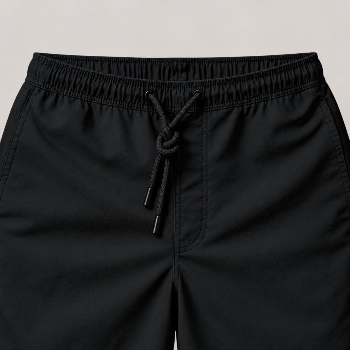 Mallorca zwemshort heren zwart – Detail van elastische tailleband, trekkoord en steekzakken