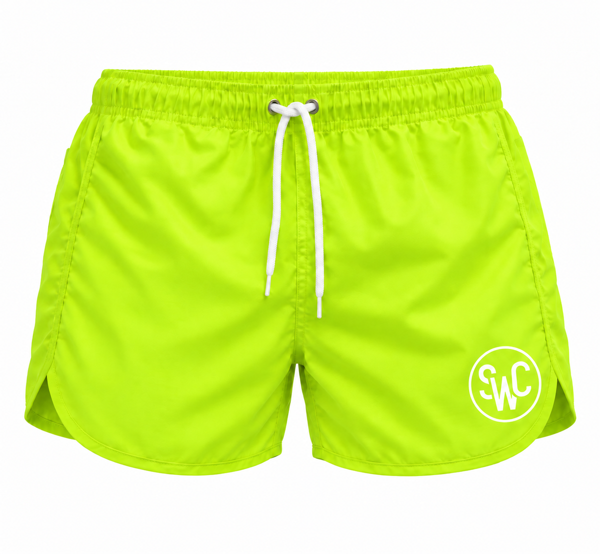 Riviera Retro zwemshort Fresh Lime, limegroen vooraanzicht met SWC-logo en wit trekkoord