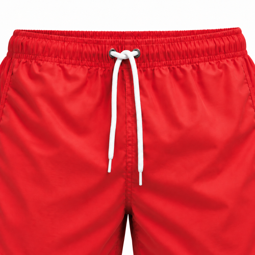Riviera Retro zwemshort Hot Coral Red, detail van rode elastische tailleband en wit trekkoord