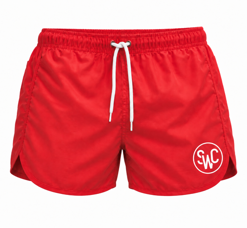 Riviera Retro zwemshort Hot Coral Red, rood vooraanzicht met wit SWC-logo en trekkoord